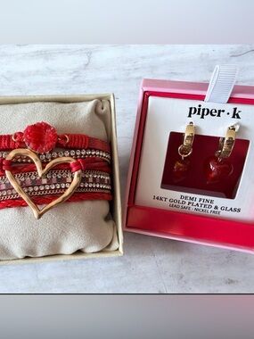 Jewelry Set Red Heart Earrings + Layered Heart Bracelet Gold Plated Cute Gift